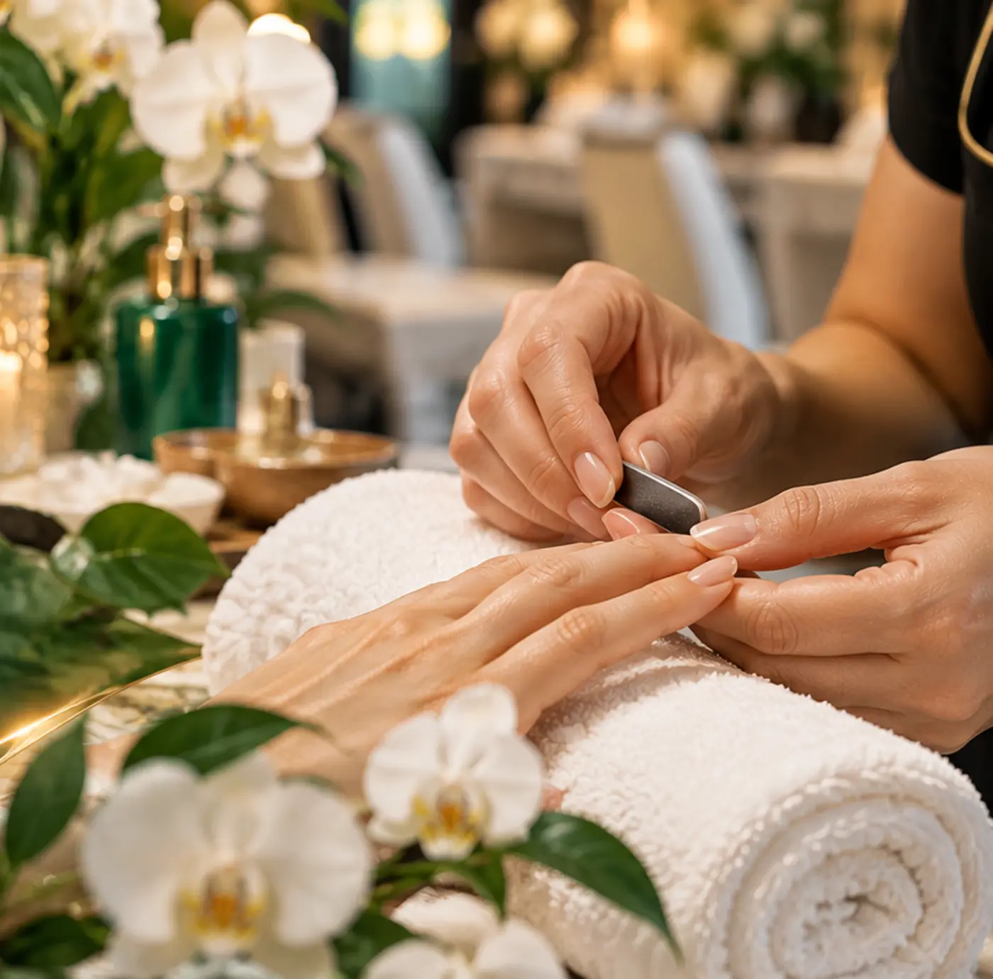 Manicure in progress beside white orchids and candlelight